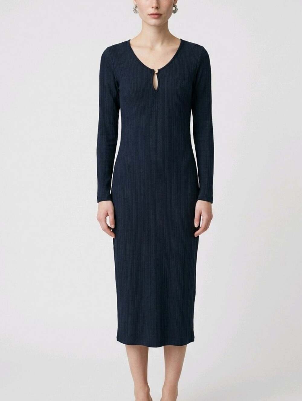Ichi Navy Long Sleeve Ribbed Midi Dress